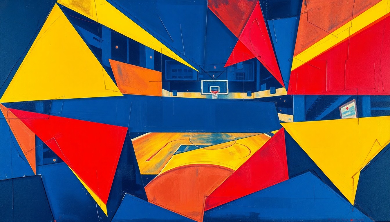 A cubist-style painting featuring fragmented geometric shapes and planes in shades of blue, red, and yellow, conceptually representing the diverse talents and accomplishments of basketball's greatest players and coaches.