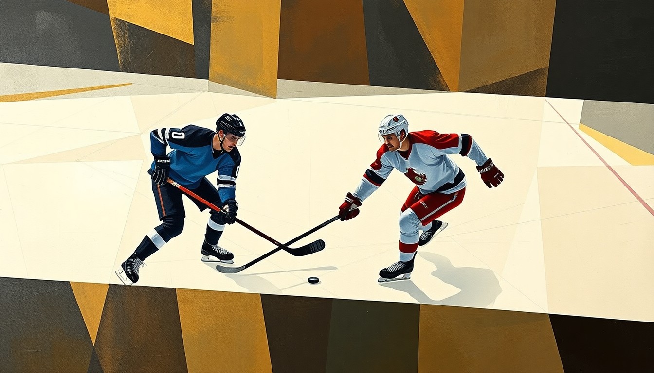 A cubist, geometric painting depicting the dynamic action of a hockey game, with the players' forms broken down into angular, overlapping shapes and planes of color, capturing the intensity and competitive spirit of the brothers' matchup.