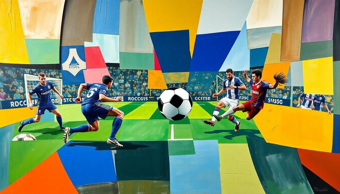 A cubist, geometric painting depicting the dynamic action of a soccer match, with players and the ball fragmented into abstract shapes and planes of vibrant colors.