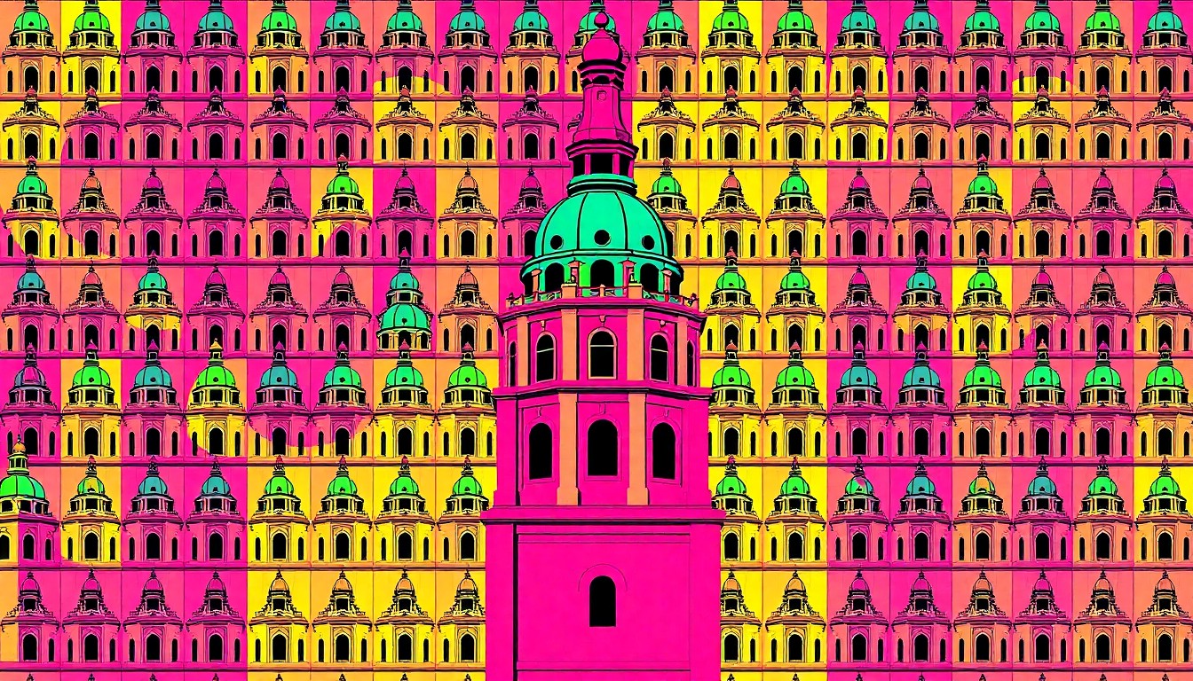 A highly stylized, pop art-inspired illustration of the Iowa State Campanile bell tower, rendered in a grid of bright, neon-like colors and bold black outlines, conceptually representing the tower's iconic status and the university's enduring campus culture.