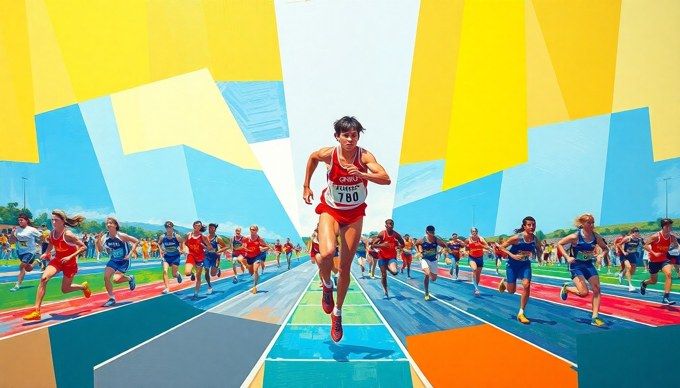 A cubist, geometric painting depicting high school track and field athletes in motion, with vibrant colors and overlapping planes representing the energy and competition of the event.