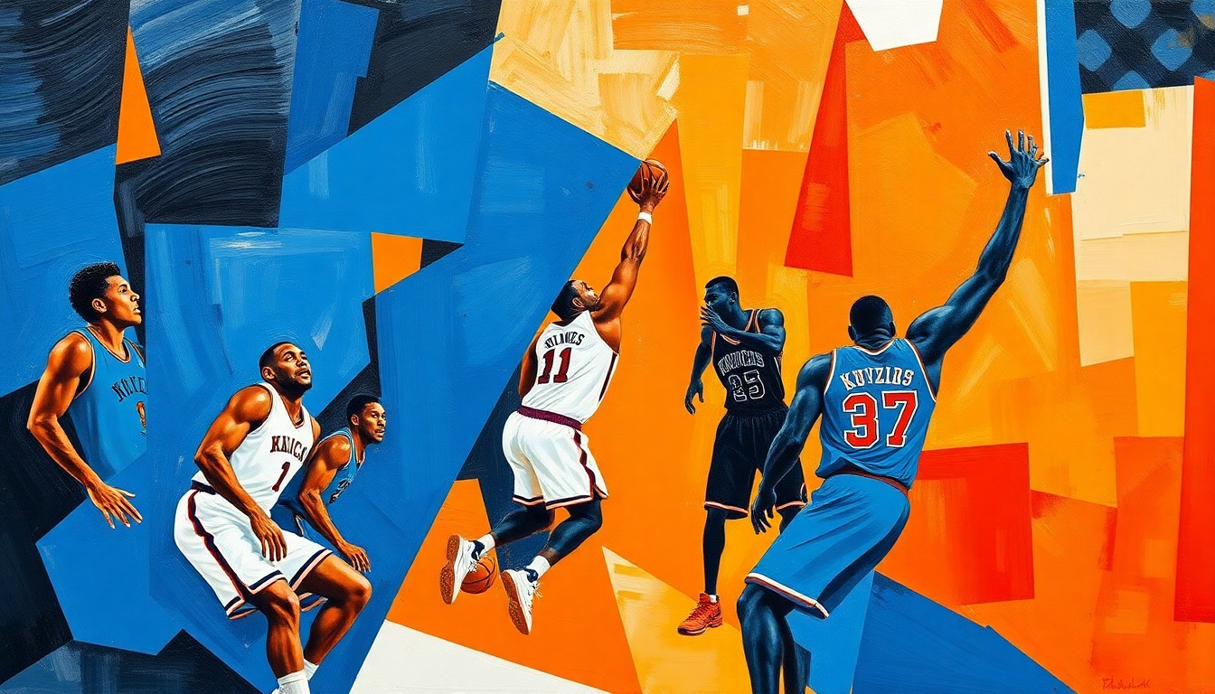 A fractured, multi-perspective painting depicting a Knicks basketball game, with the players' forms abstracted into sharp, overlapping geometric shapes in the team's official colors, capturing the dynamic energy of their pick-and-roll offense.