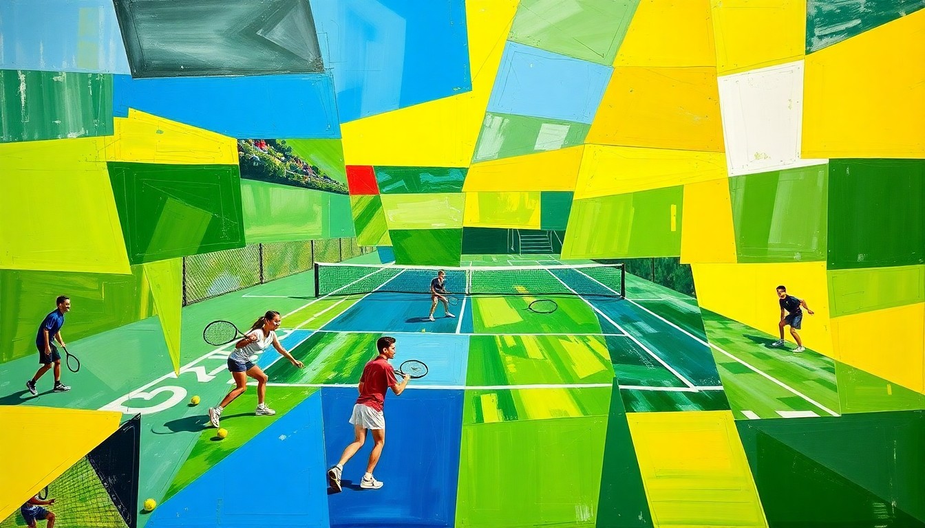 A cubist-style painting depicting a high school tennis match, with the players and court broken down into overlapping geometric shapes in vibrant blue, green, and yellow hues.