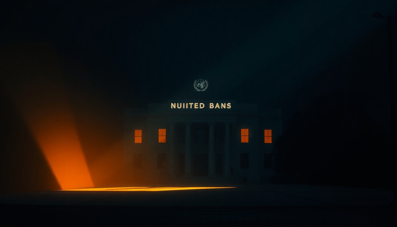 A cinematic painting of a dimly lit, solitary United Nations or World Bank office building, with warm sunlight streaming through the windows and deep shadows across the facade, evoking a sense of quiet contemplation about the changing role of these global institutions.