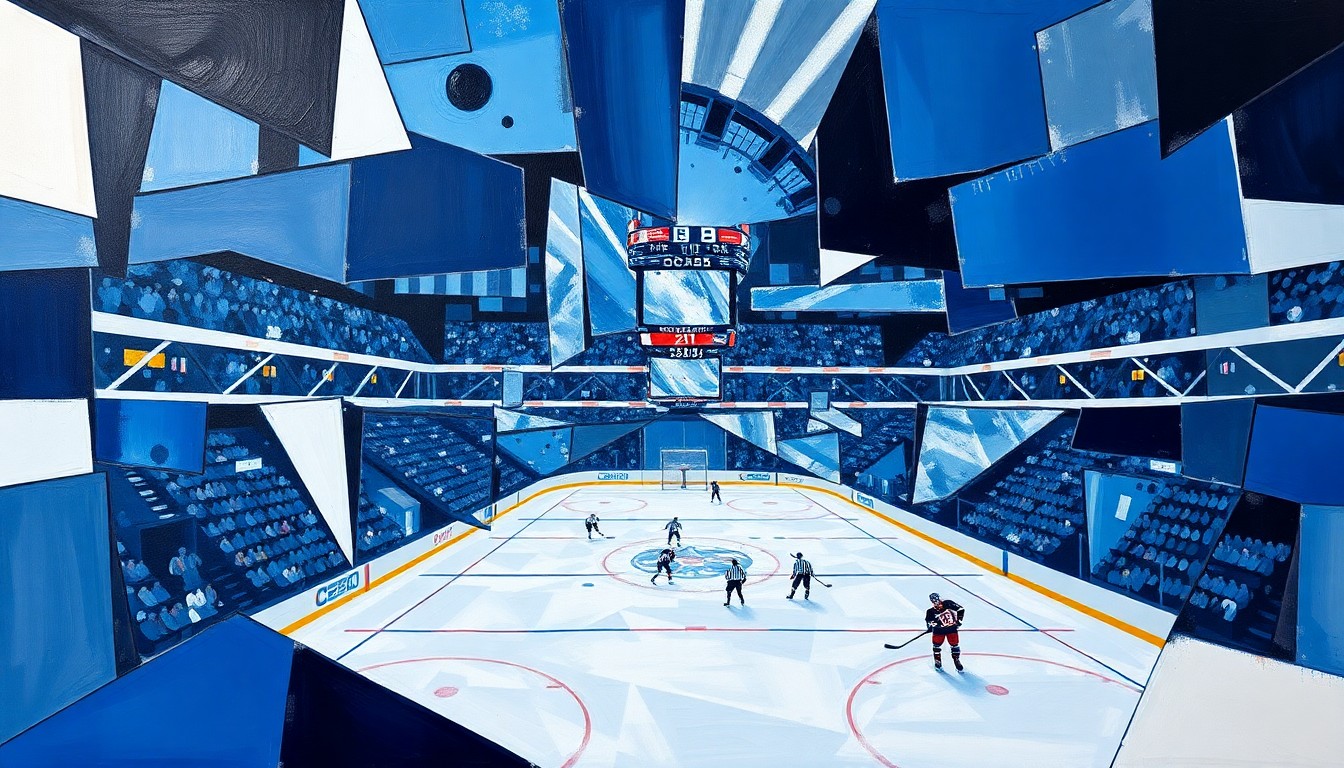 A fragmented, geometric painting depicting a hockey player in motion, with sharp planes of blue, white, and silver representing the energy and emotion of Kopitar's final home game with the Kings.