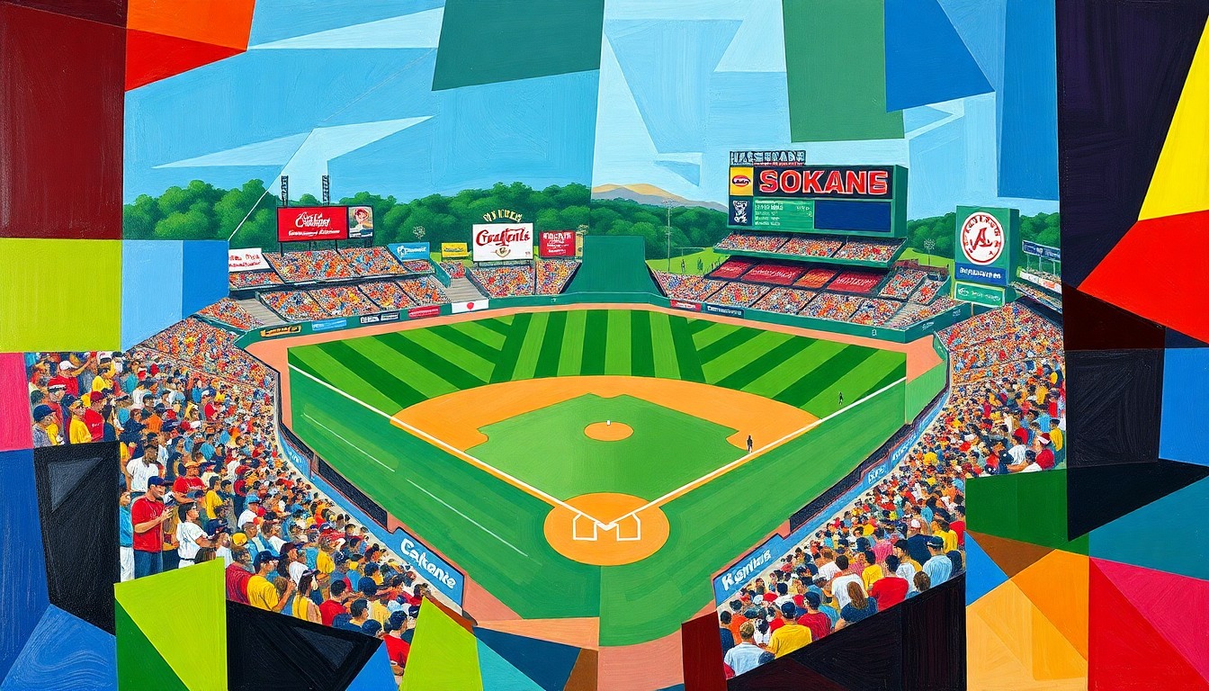 A fragmented, geometric painting in vibrant colors depicting a baseball game, with overlapping shapes and planes representing the players, field, and action on the field.