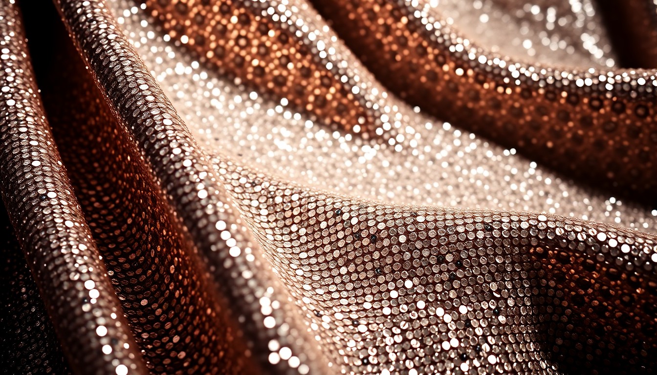 An abstract close-up photograph of shimmering, sequined fabric in high-contrast studio lighting, conveying the luxurious texture and glamour of celebrity fashion.