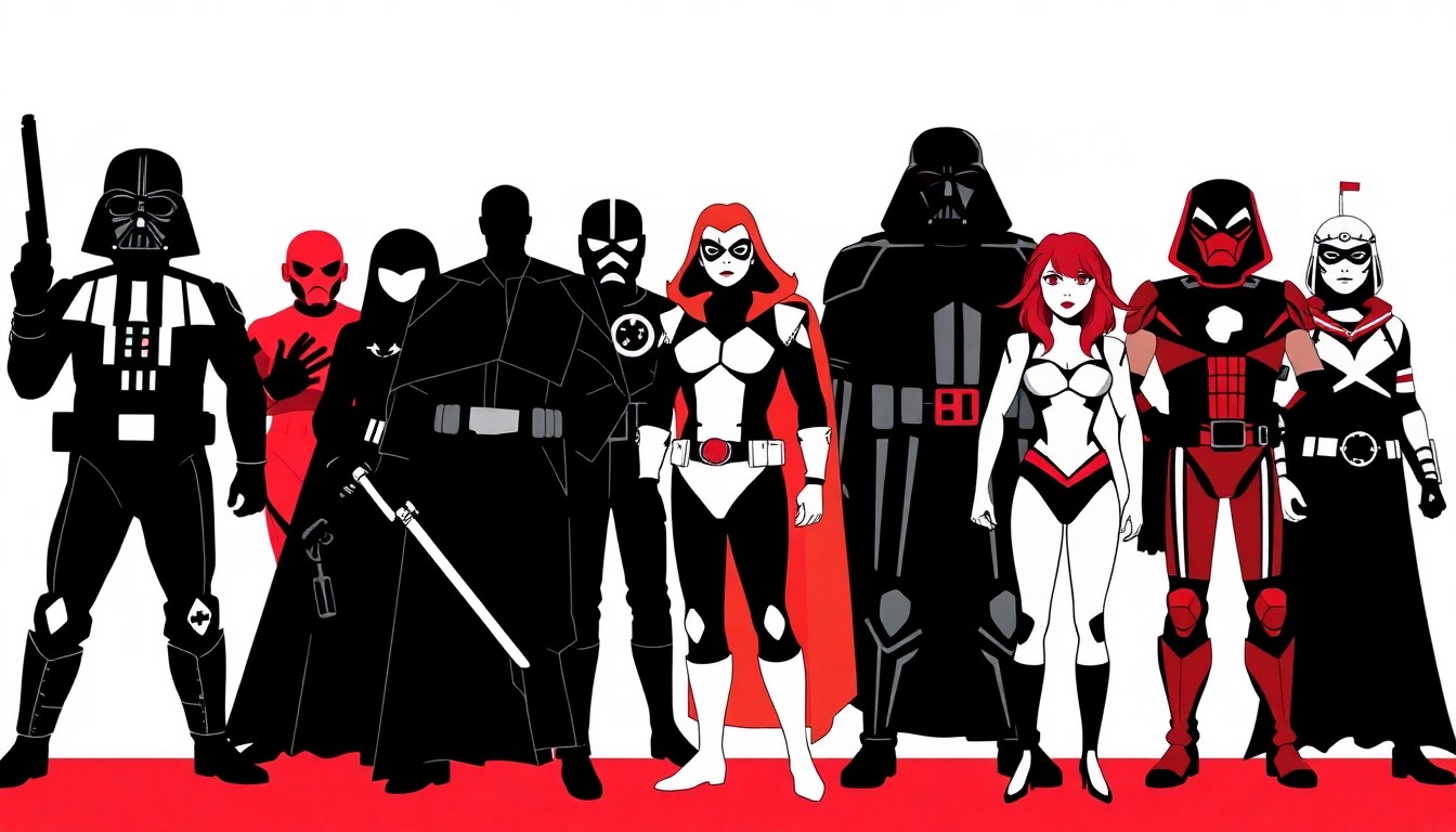 A striking abstract composition of jagged geometric shapes and bold silhouettes in high-contrast colors, conceptually representing the diverse array of costumed characters that filled the Vaca-Con convention.