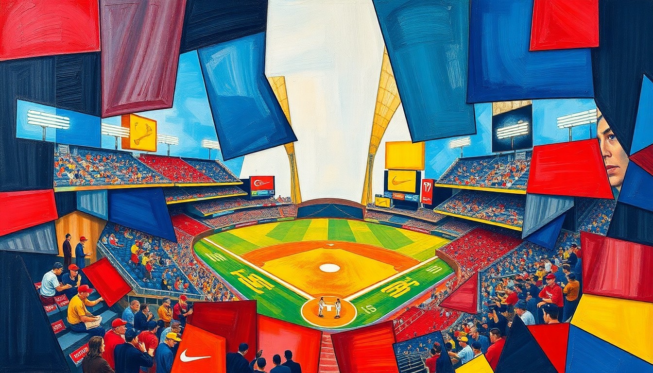 A fragmented, geometric painting depicting a baseball game in progress, with the players and field broken down into sharp, overlapping planes of color, conceptually representing the divisive debate surrounding the national anthem performance.