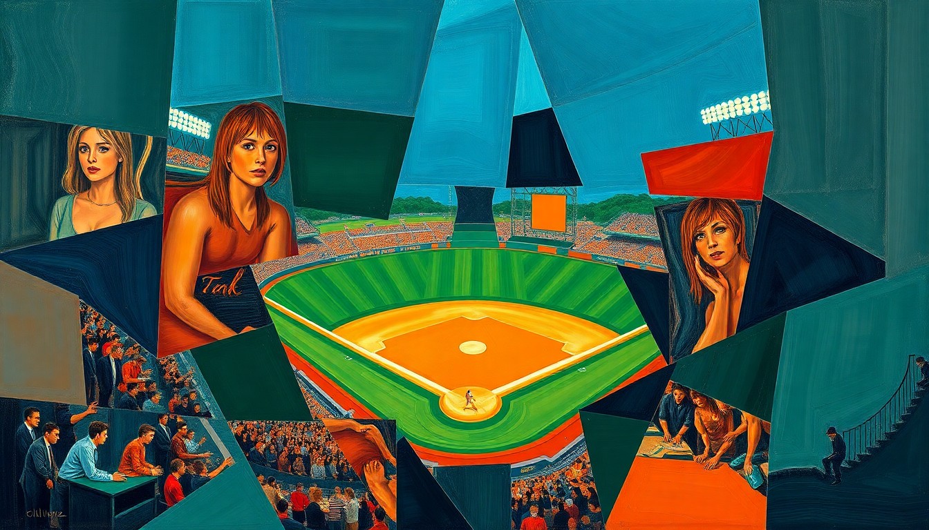 A cubist, geometric painting depicting a fractured baseball game, with sharp overlapping planes of navy, green, and orange conveying the intensity and frustration of Baylor's loss.