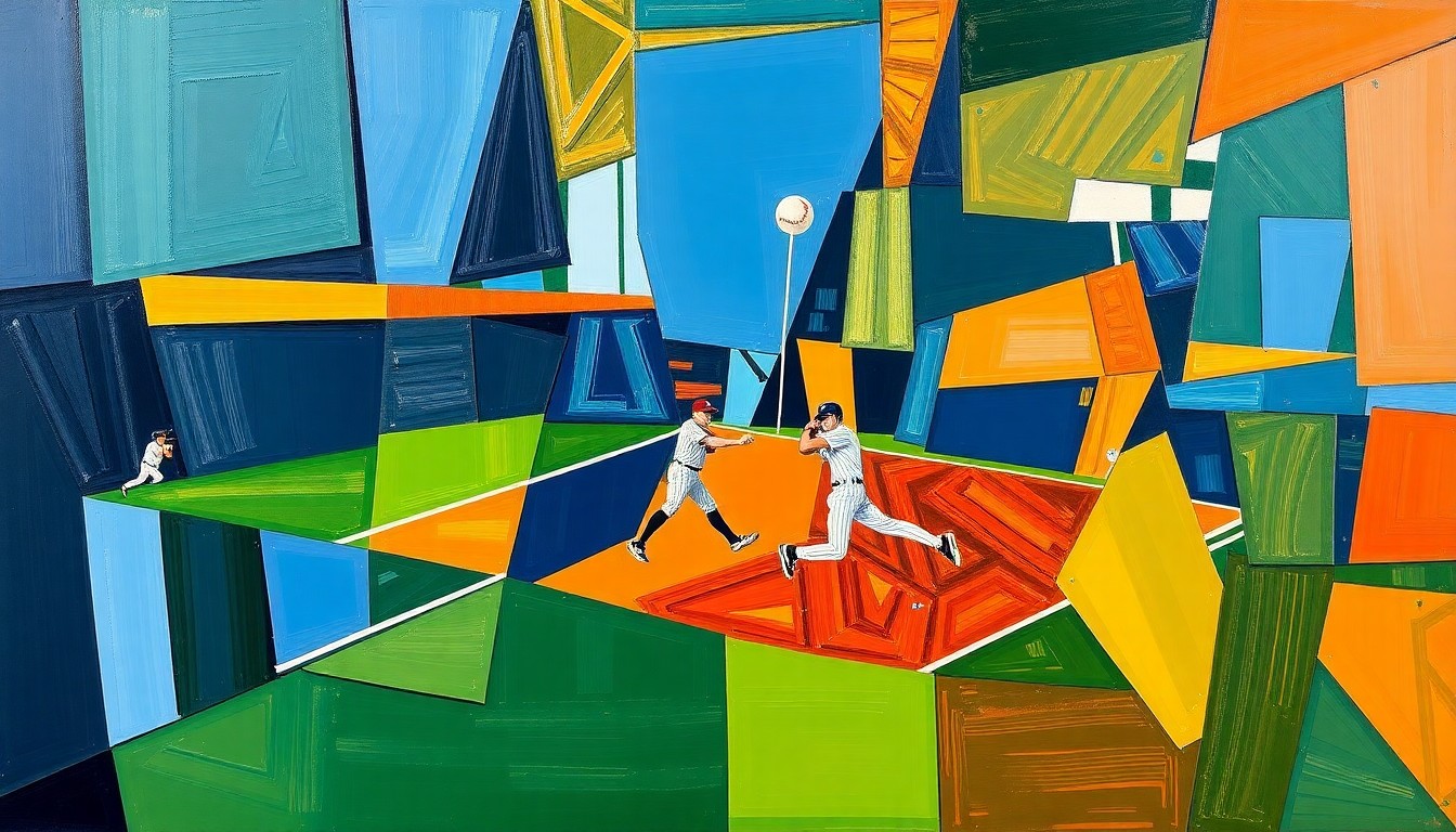 A fragmented, geometric painting depicting the final play of the Yankees-Rays game, with overlapping shapes and planes in navy, green, and orange representing the players, ball, and field.