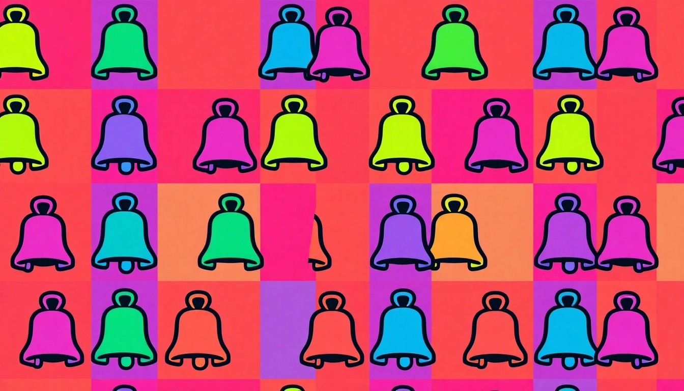 A bold, colorful silkscreen-style illustration featuring a repeating pattern of a school bell icon in vibrant neon shades, conceptually representing the discussion around increasing law enforcement presence in local schools.