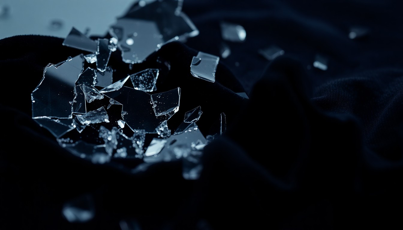 An extreme close-up of shattered glass and crumpled velvet fabric, conveying the fragility and emotional toll of a performer's health crisis.