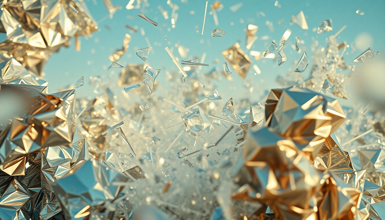 An abstract close-up image featuring shattered glass and crumpled metallic foil, conveying the chaotic energy and disruption caused by the powerful winds that forced the cancellation of Anyma's Coachella performance.