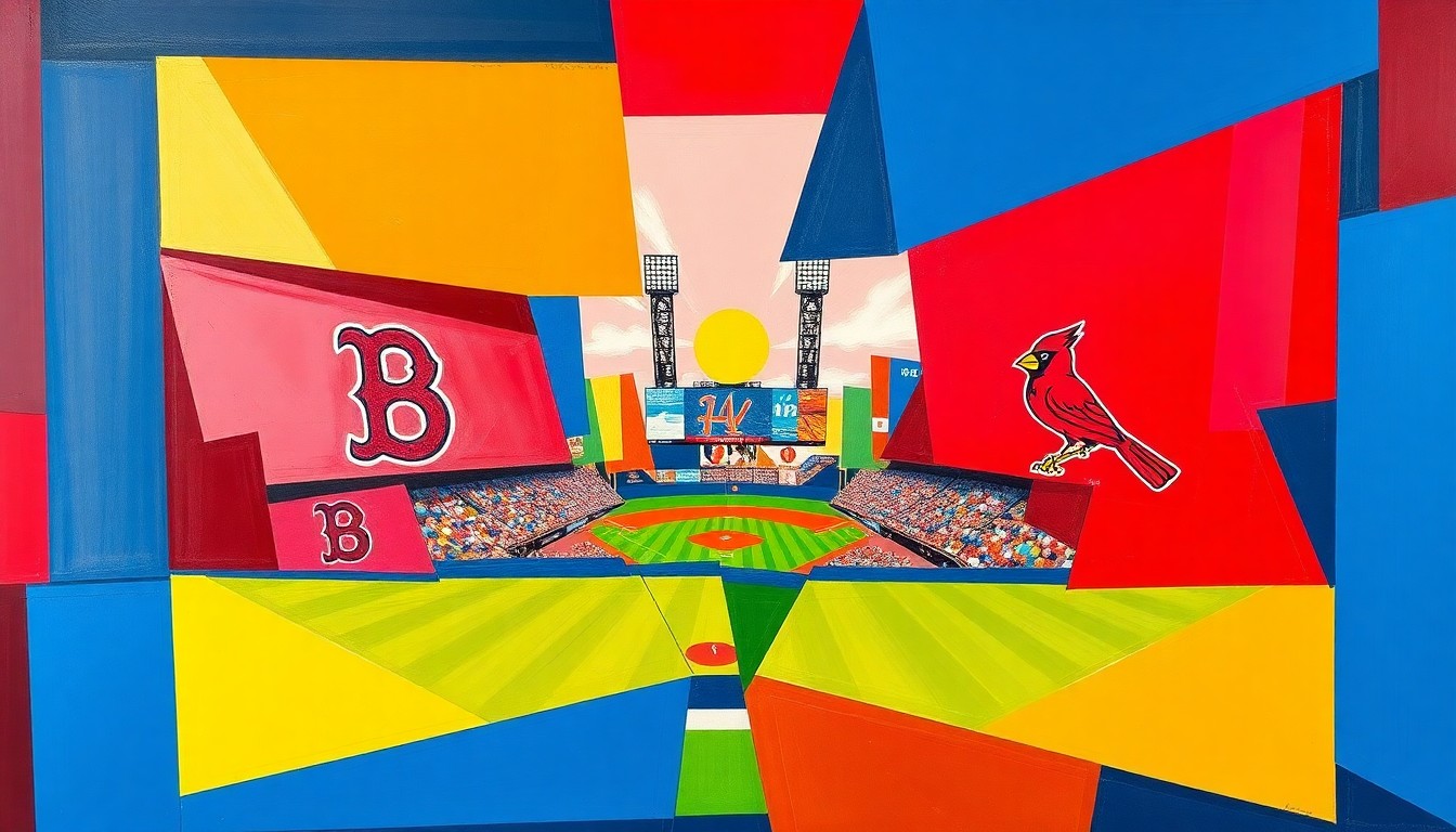 A cubist, geometric painting depicting a baseball game in progress, with the players and field broken down into sharp, overlapping planes of color and shape, capturing the dynamic energy of the matchup between the Red Sox and Cardinals.
