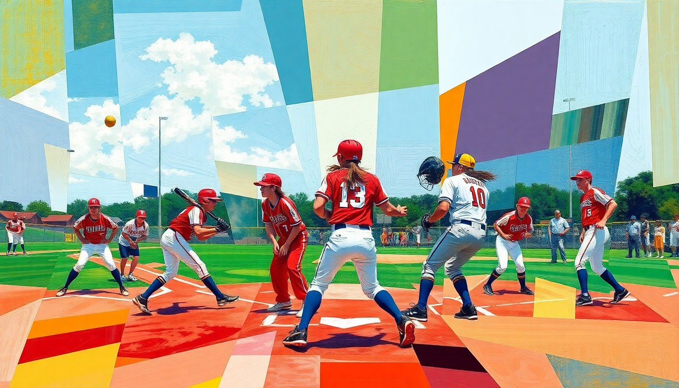 A cubist-style painting depicting a high school softball game, with the players, field, and equipment broken down into sharp, overlapping geometric shapes in a vibrant color palette.