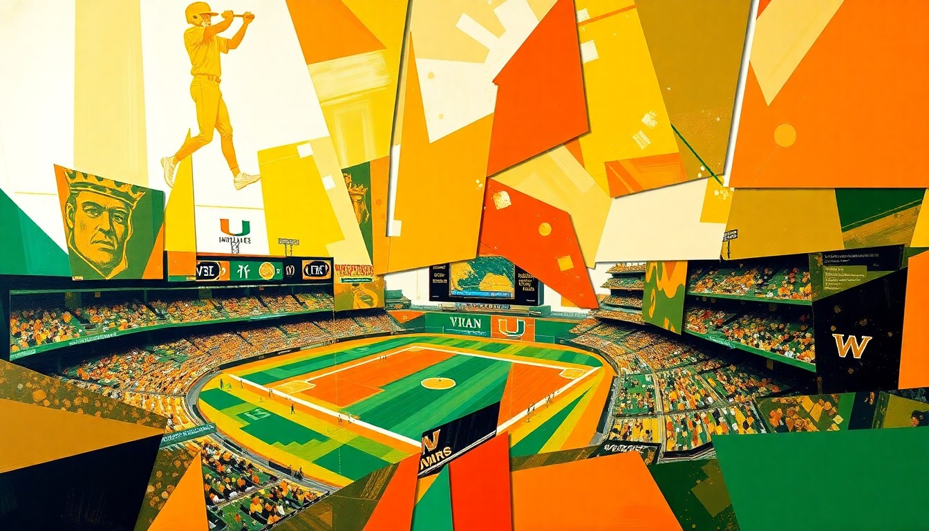 A fragmented, geometric painting in vibrant colors representing the clash between the Miami Hurricanes and Wake Forest Demon Deacons baseball teams, with sharp planes and angles conveying the intensity of their series-tying game.