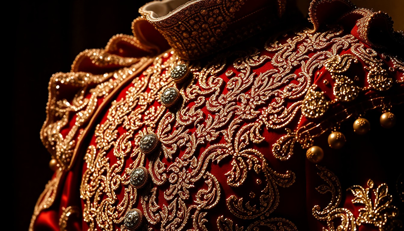 An extreme close-up photograph of a heavily textured, glittering opera costume in rich, jewel-toned colors, conceptually representing the opulent world of 17th-century European court culture and the hidden layers of intrigue that existed within it.