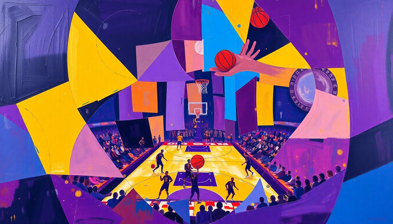 A cubist, geometric painting depicting a fragmented basketball court and players, with overlapping planes of vibrant purple, gold, and blue colors, capturing the disruption to the Lakers' lineup.