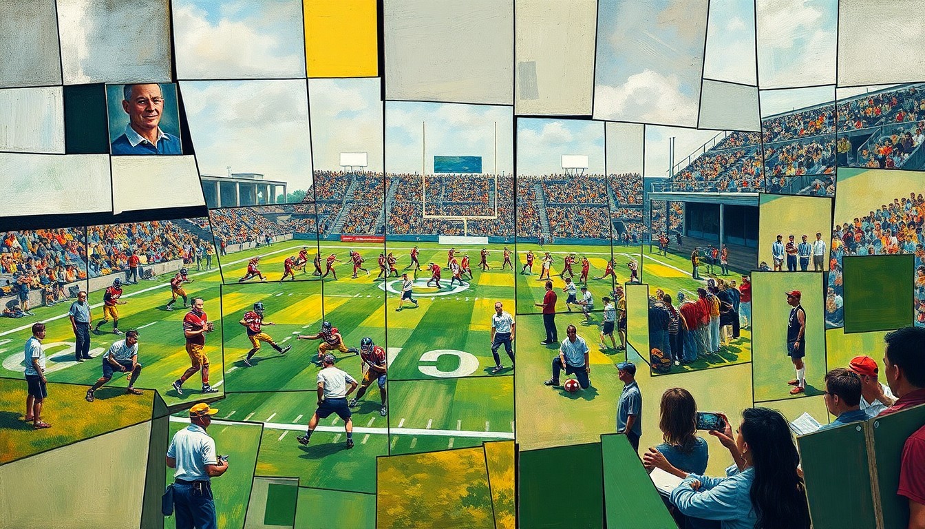 A cubist, geometric painting depicting a fragmented football practice scene with overlapping planes of players, coaches, and spectators, conveying the energy and unity of the event.