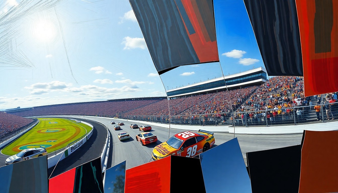 A fragmented, geometric painting depicting the intense racing action at Bristol Motor Speedway, with cars and the track breaking down into sharp, overlapping planes of color and form.