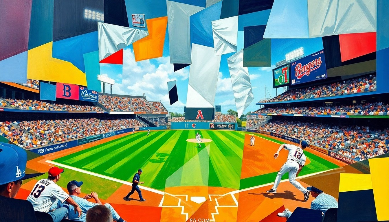 A cubist, geometric painting depicting a baseball game in motion, with sharp planes of bright colors and overlapping shapes representing the dynamic offensive plays.