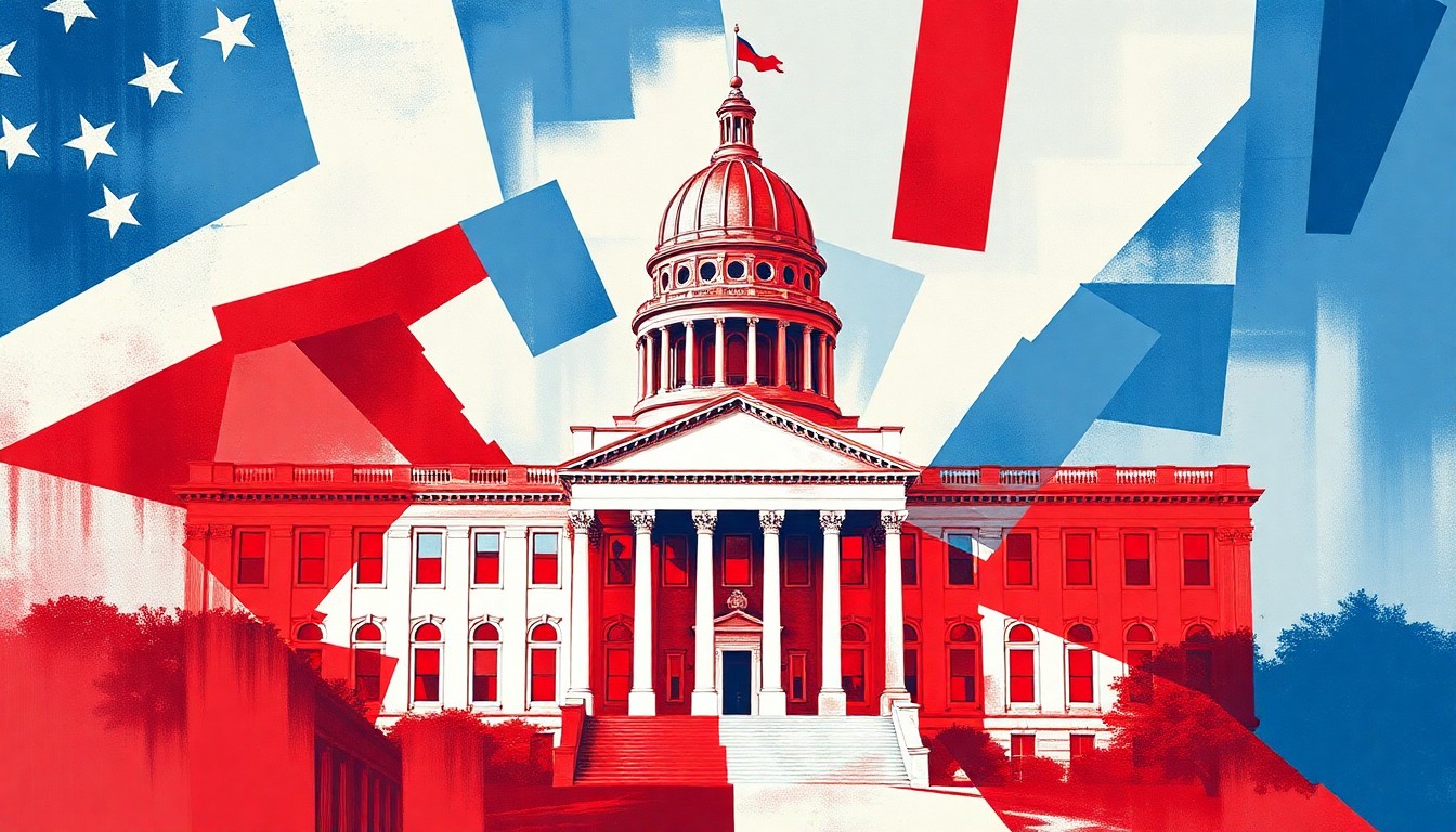 A dynamic, abstract painting featuring overlapping, fractured geometric shapes in shades of red, white, and blue, conceptually representing the turbulent political transition in North Carolina.