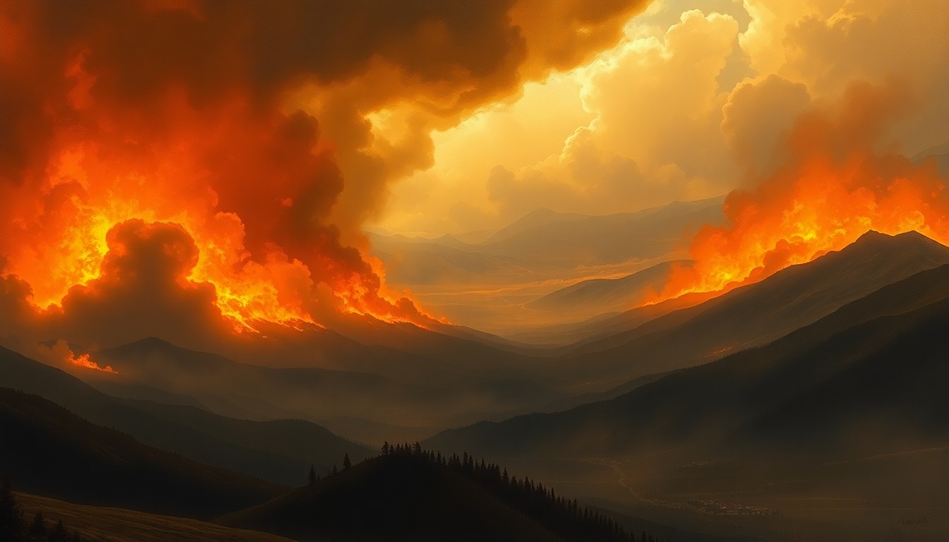 A vast, atmospheric landscape painting in muted tones of orange, gray, and blue, with a massive plume of smoke and flames obscuring the details of the scene, conveying the overwhelming scale and intensity of a natural disaster.