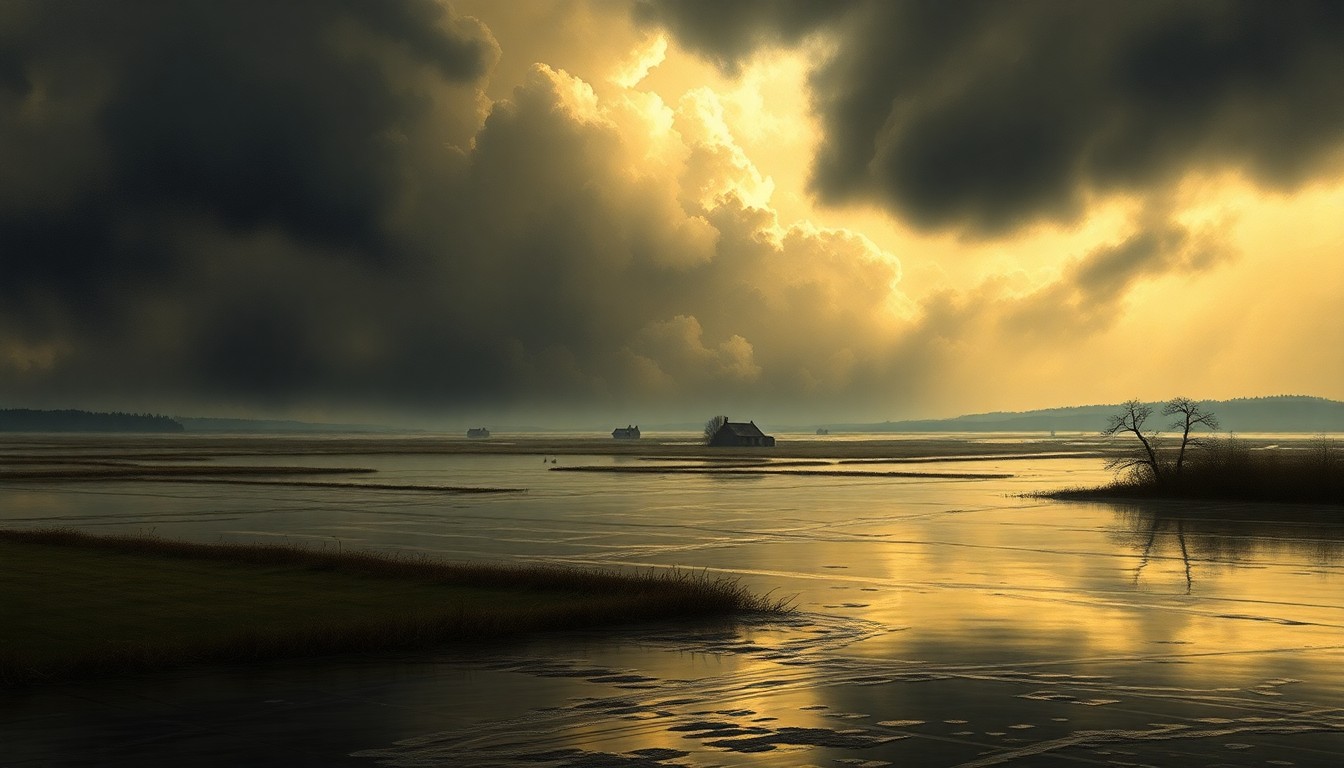 A sweeping, atmospheric landscape painting depicting a rural area submerged in rising floodwaters, the structures and land dwarfed by the overwhelming scale of the natural disaster.