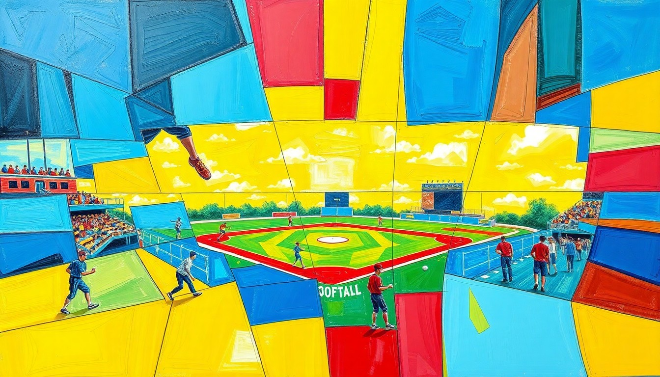 A fragmented, geometric painting depicting the dynamic movements and competing perspectives of a high school softball game, rendered in a bold, colorful cubist style.