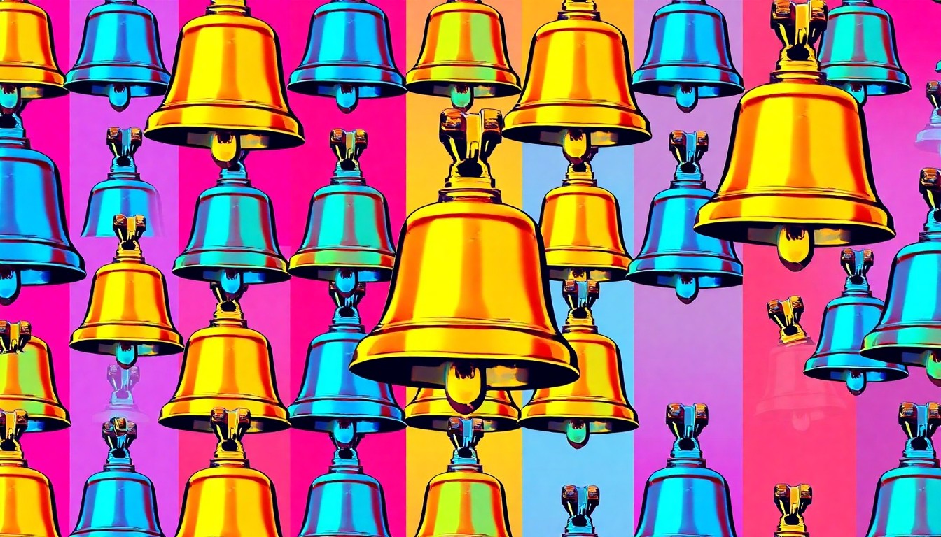 A vibrant, high-contrast silkscreen print featuring a repeating pattern of a vintage school bell in neon pink, yellow, and blue hues, conceptually representing the enduring traditions and school spirit of Palmer High School.