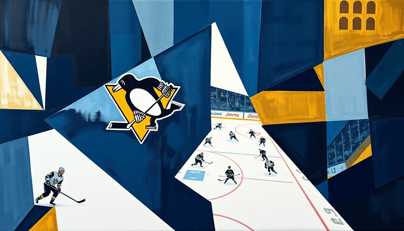 A cubist, geometric painting depicting a Penguins hockey game, with sharp, overlapping planes of navy blue, gold, and white representing the players and action on the ice.