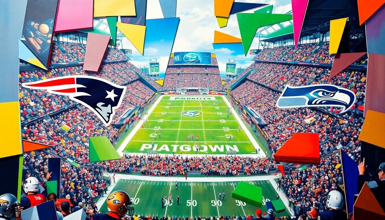 A fragmented, geometric painting depicting the action of a football game, with the players and stadium environment broken down into sharp, overlapping shapes and planes of color, creating a dynamic and abstract representation of the Super Bowl matchup.