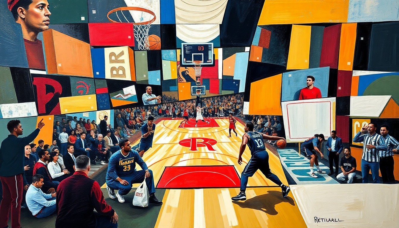 A fragmented, multi-angled painting depicting the action of a basketball game, with players and the court broken down into sharp, overlapping geometric shapes and planes of vibrant colors.