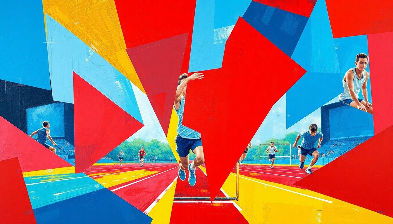 A cubist, geometric painting featuring fragmented, overlapping shapes and planes of bright red, blue, and yellow, conceptually representing the dynamic energy and competition of a high school track and field meet.