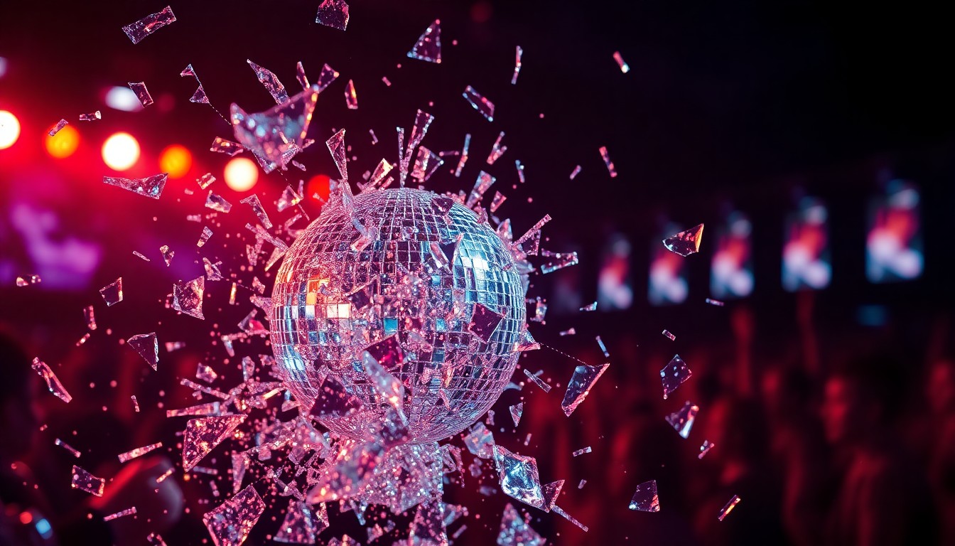 An extreme close-up of shattered, glittering glass fragments reflecting dramatic studio lighting, conceptually representing the dynamic, high-energy atmosphere of a music festival performance.