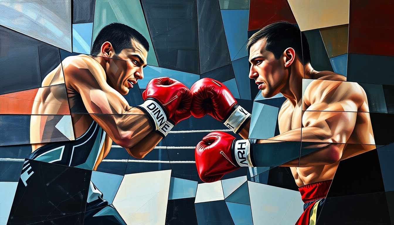 A fractured, cubist-style painting depicting a boxing match between two fighters, with their forms broken down into sharp, overlapping geometric shapes in a dynamic, energetic composition.