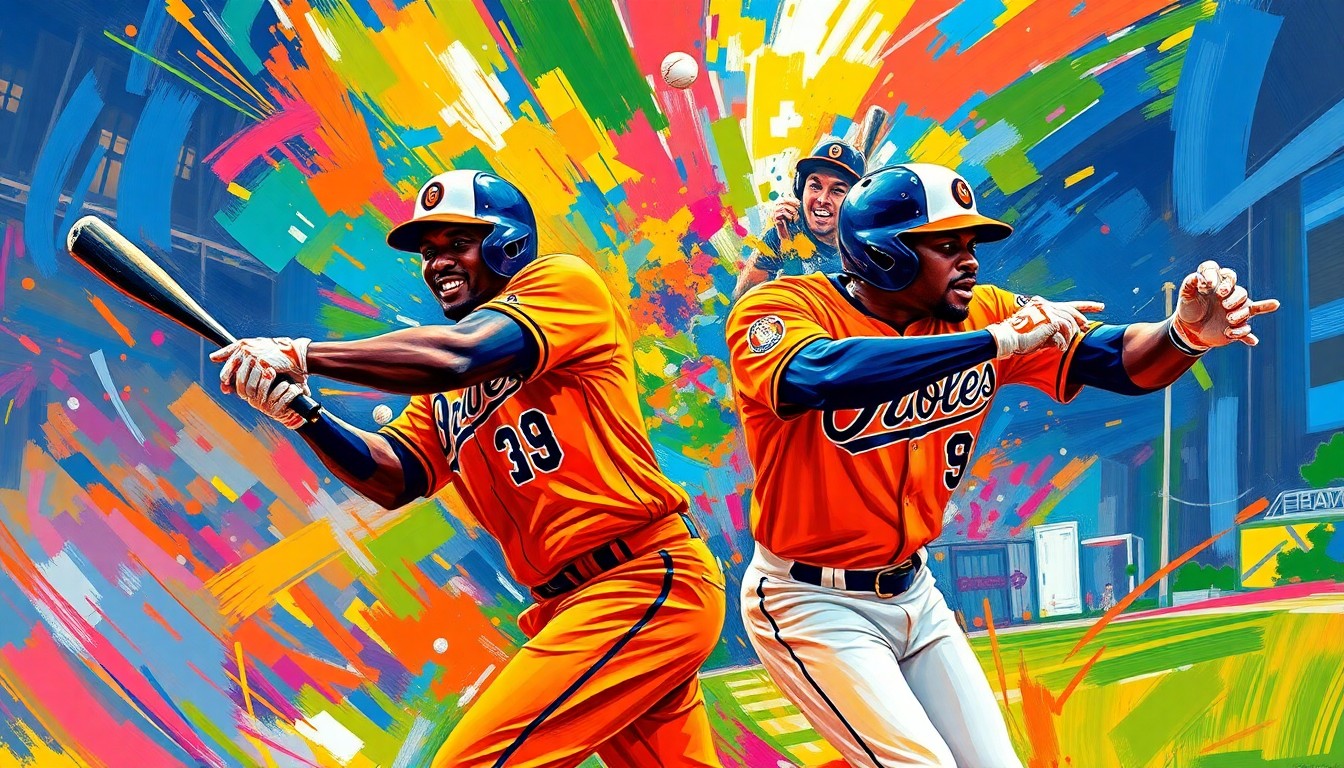 A dynamic, colorful painting featuring the energetic movements and gestures of baseball players in action, capturing the excitement and intensity of the Orioles' victory over the Giants.