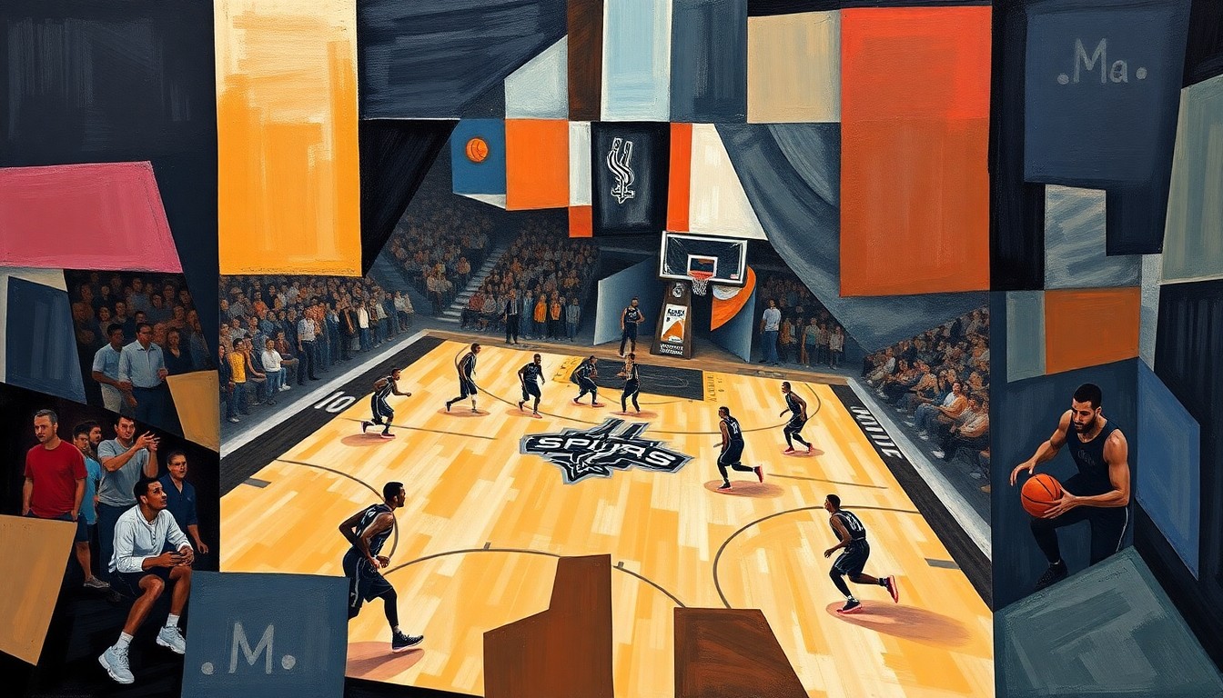 A fractured, multi-perspective painting in bold, geometric shapes and planes, capturing the energy and movement of a basketball game in an abstract, cubist style.