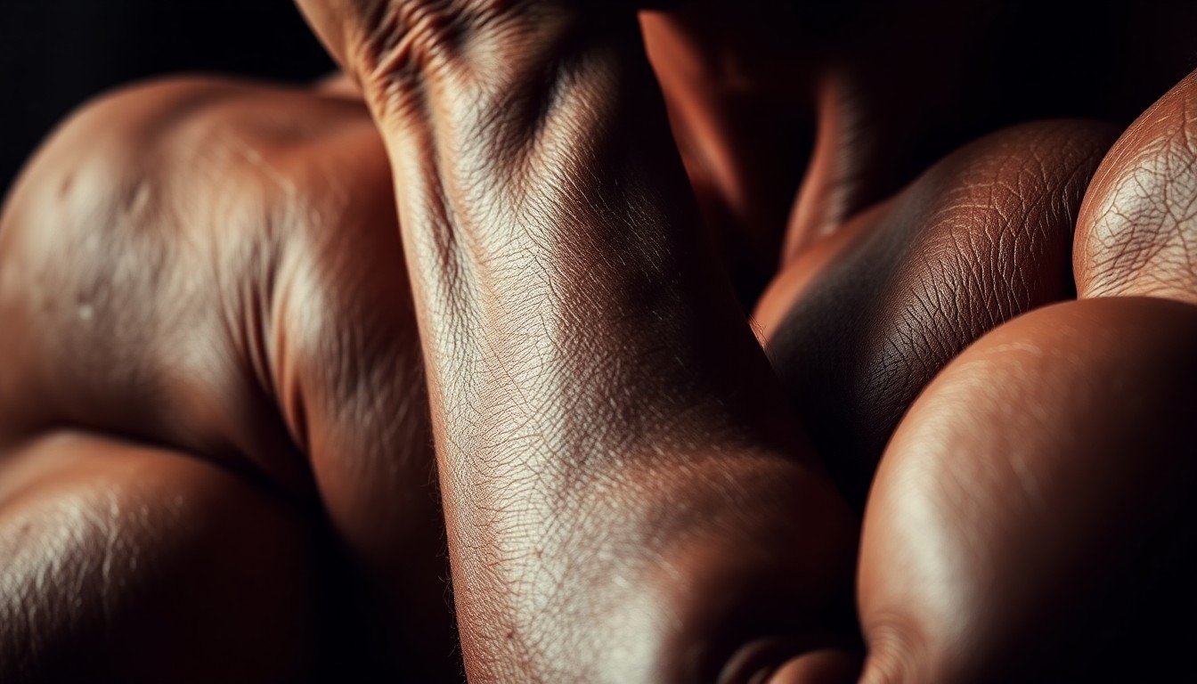An extreme close-up photograph of Arnold Schwarzenegger's muscular, veiny forearm, captured in dramatic, high-contrast studio lighting to convey the raw power and dedication of the legendary actor.