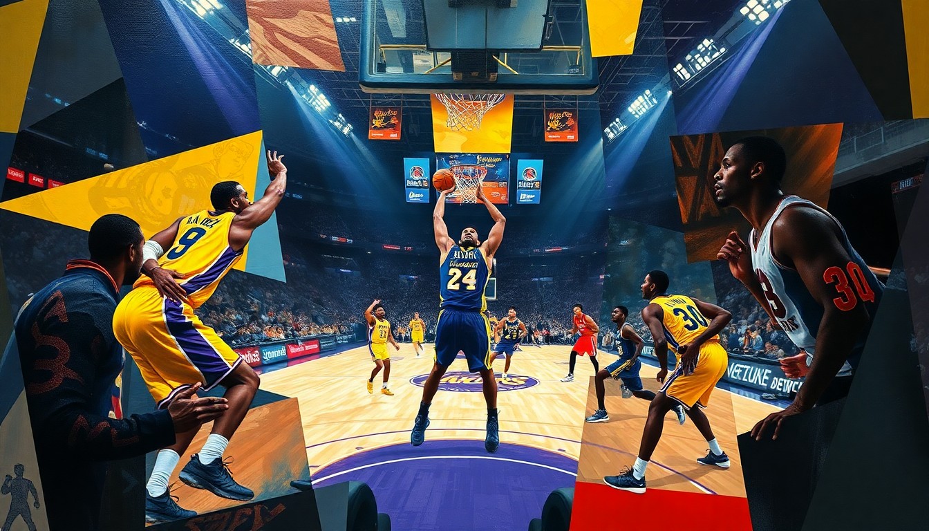 A fragmented, geometric painting depicting the abstract forms of basketball players on a court, with the arena and spectators fading into the background, conveying the intense focus and pressure of playing alongside a superstar like LeBron James.