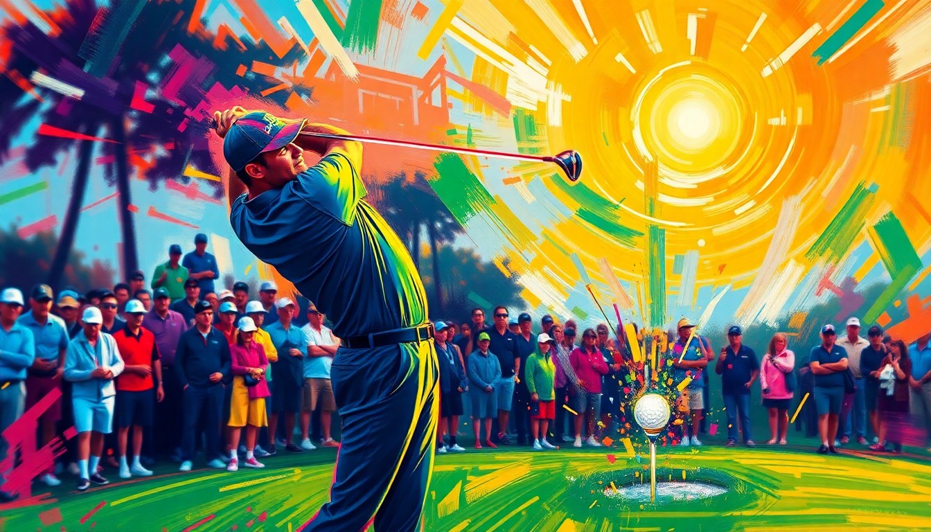 An explosive, expressionist painting in vibrant neon colors depicting the moment Shane Lowry's golf ball flies towards the cup for a hole-in-one at the Masters, capturing the raw energy and movement of the shot.