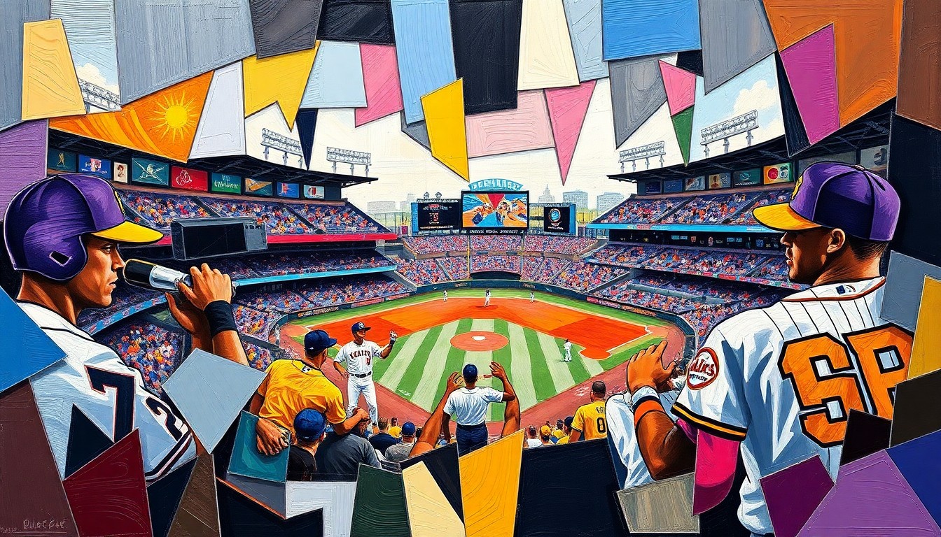 An abstract, cubist-style painting depicting a baseball game in progress, with the players and field broken down into sharp, overlapping geometric shapes and planes in vibrant colors representing the Rockies and Padres uniforms.