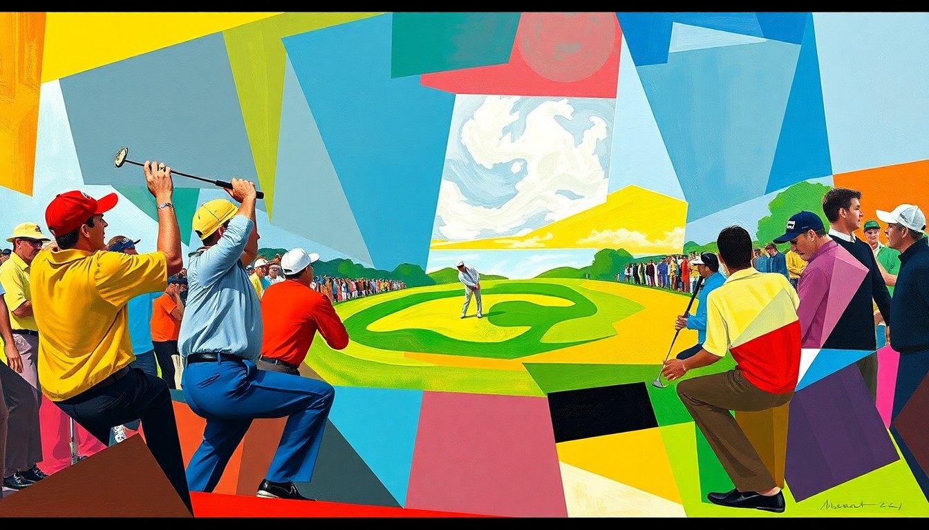 A fractured, cubist-style painting depicting a golf tournament scene, with the players' movements and actions represented through bold, angular shapes and vibrant colors, creating a dynamic and visually striking illustration.