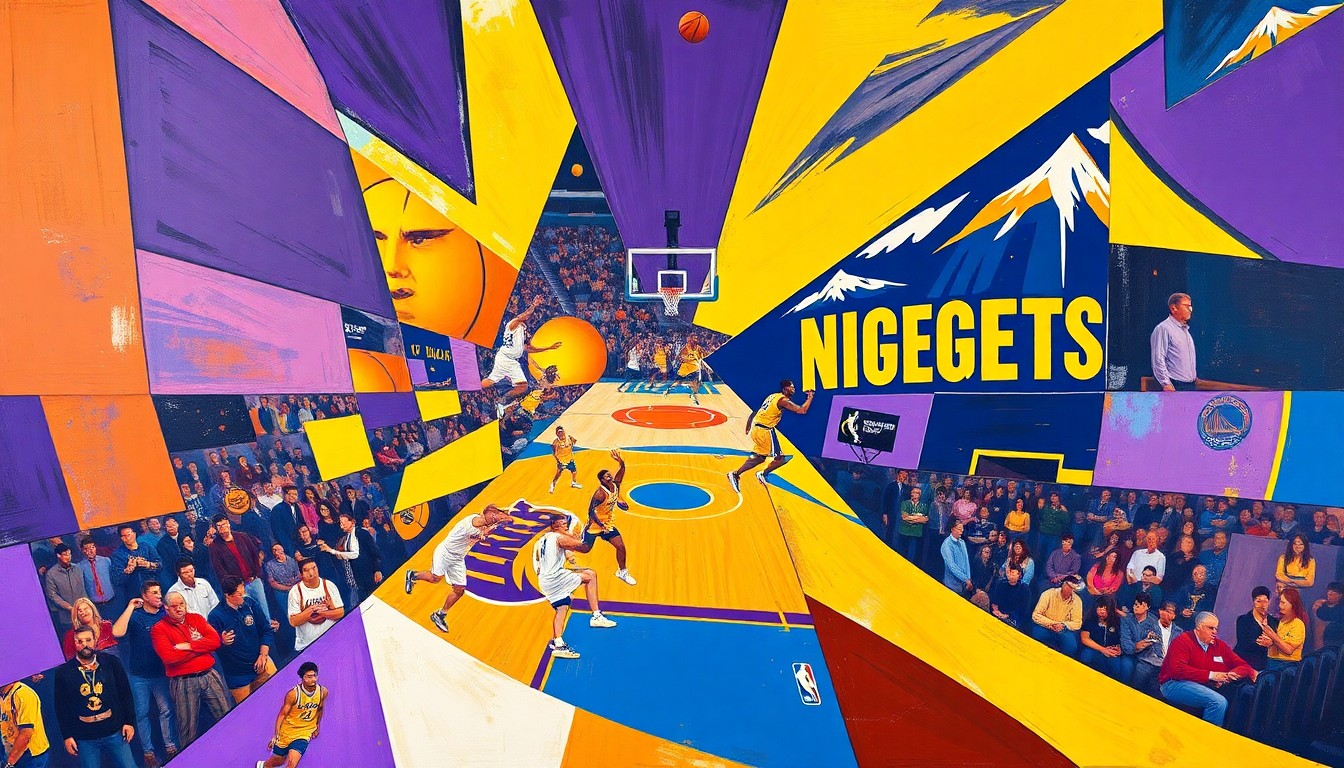 A cubist, geometric painting depicting a basketball game between the Lakers and Nuggets, with sharp, overlapping planes of color representing the dynamic action on the court.