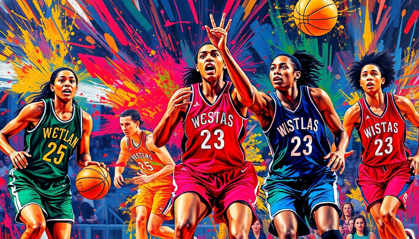 An abstract, expressionist painting in vibrant neon colors, capturing the dynamic energy and movement of a WNBA basketball game, with players' faces and jerseys blending into the energetic brushstrokes.