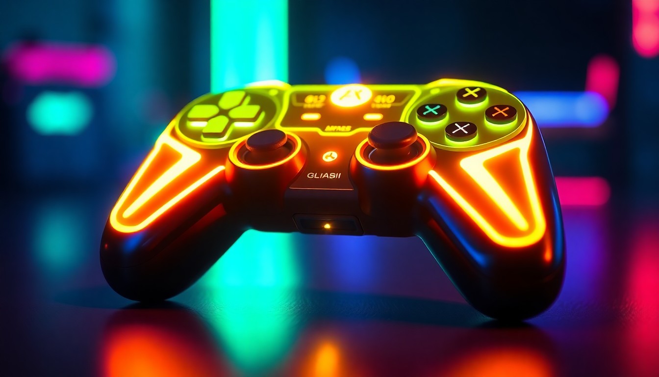 A close-up view of a sleek, glowing game controller with angular, neon-lit accents, representing the blend of cutting-edge technology and artistic vision in the indie gaming industry.