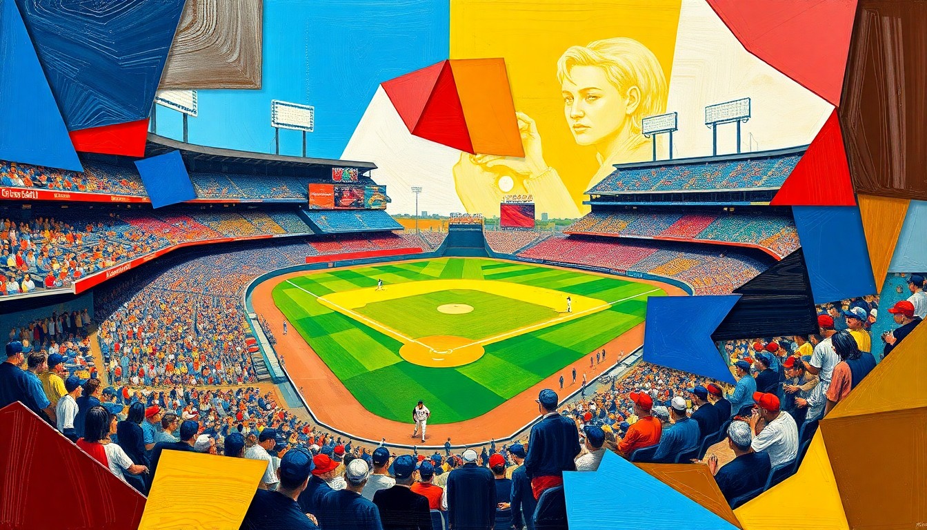A cubist, geometric painting depicting the climactic moments of a baseball game, with overlapping planes of color and abstracted figures representing the players and action on the field.