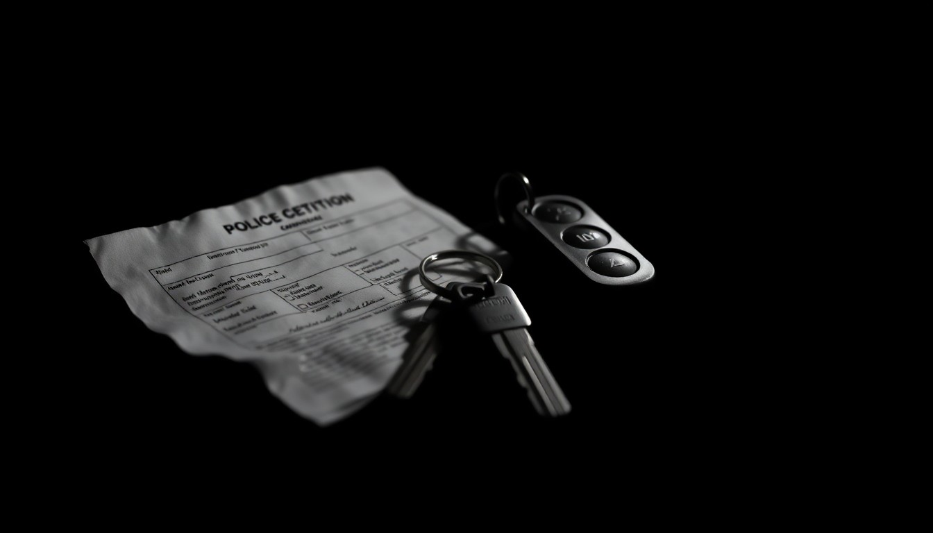 An extreme close-up photograph of a set of car keys and a crumpled police citation, lit by a harsh, direct camera flash against a pitch-black background, conceptually illustrating the arrest of a sports coach for driving under the influence.