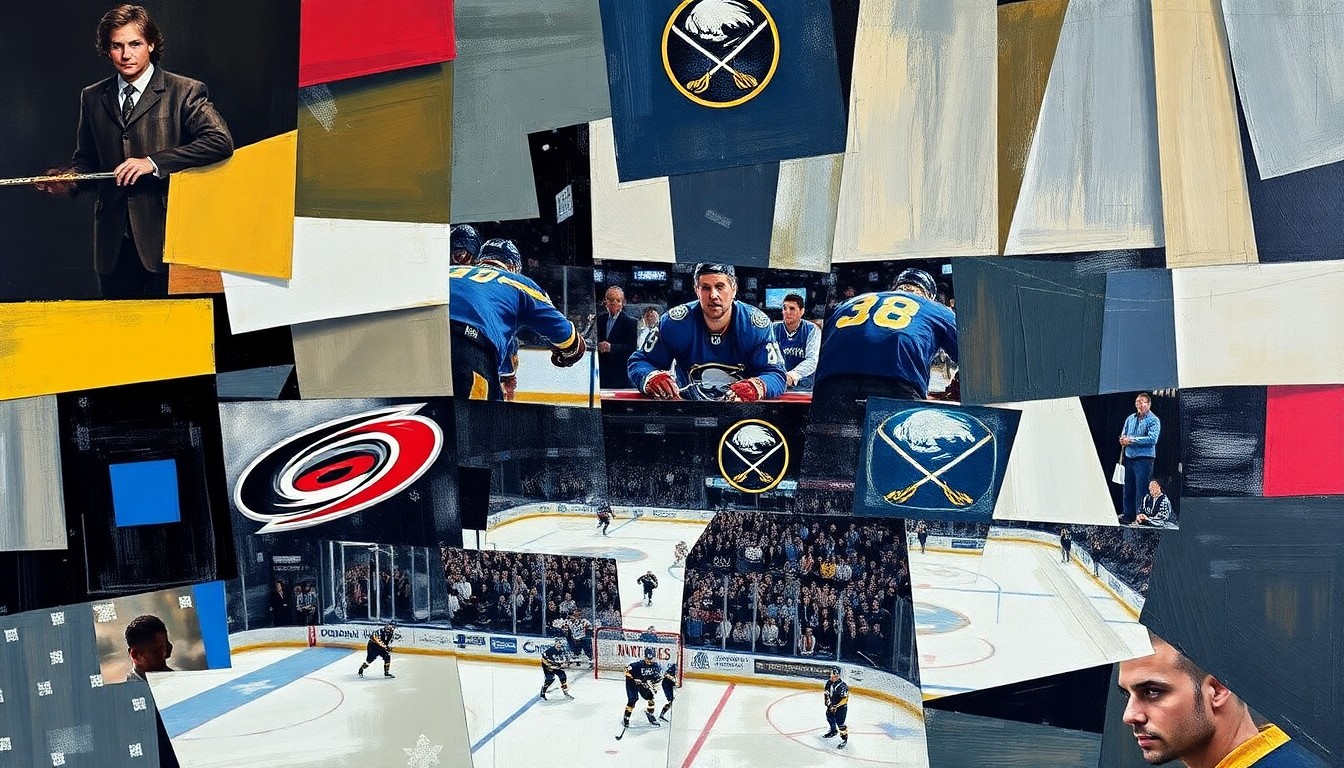 A fragmented, geometric painting depicting a hockey game between the Carolina Hurricanes and Buffalo Sabres, with sharp, overlapping planes of color and form representing the dynamic action on the ice.